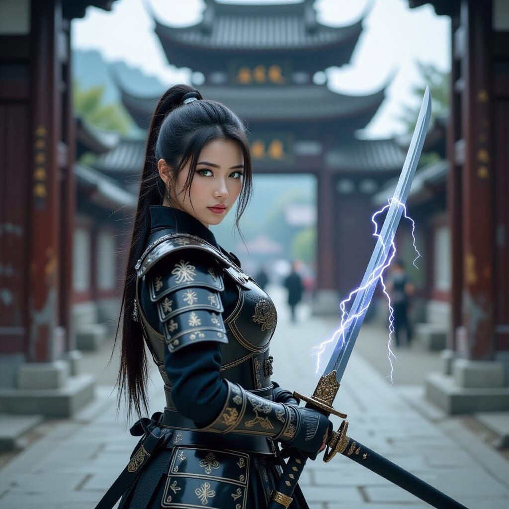 Japanese Woman Warrior with Lightning Sword