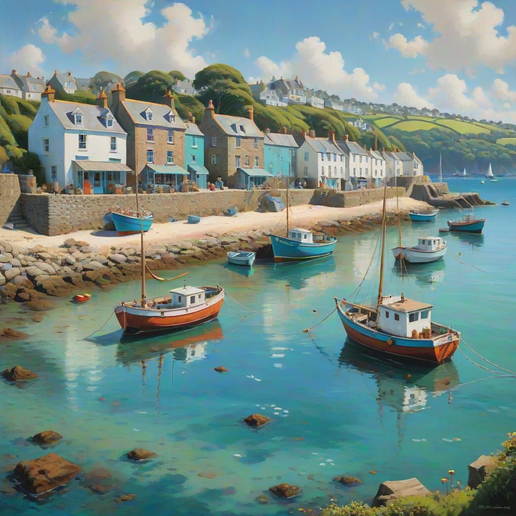 Idyllic Seaside Scene in Fowey, Cornwall, with Naive Charm a...