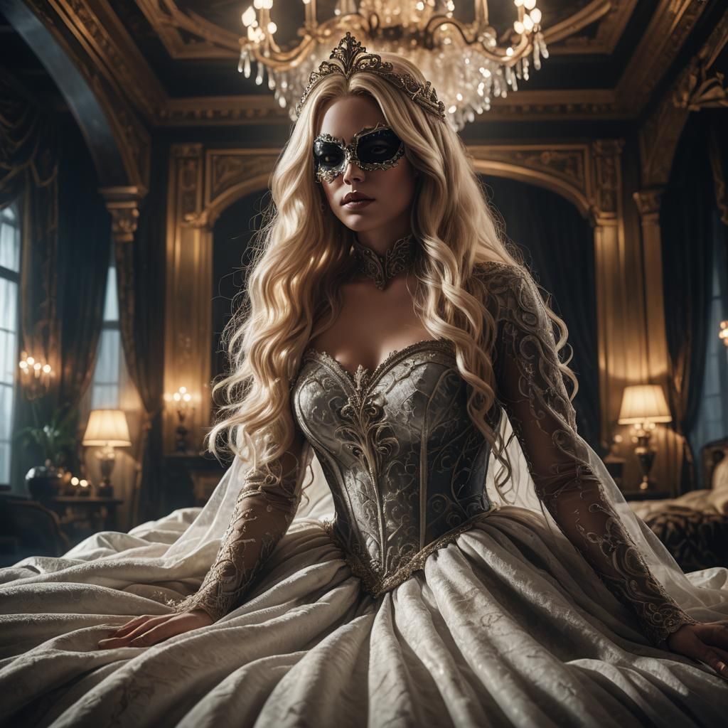 Mysterious Masked Woman Ghost in Opulent Room