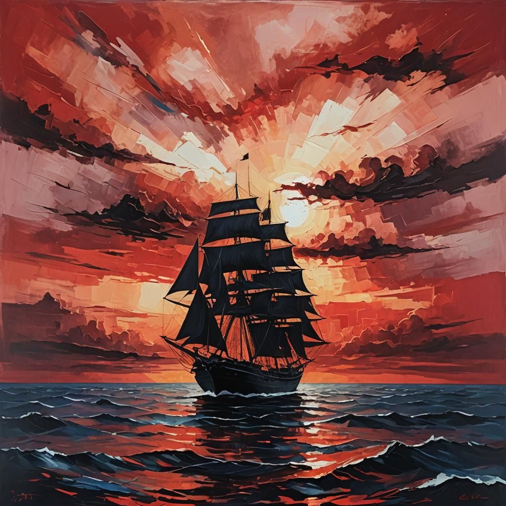 Ship Silhouetted on Ocean at Sunset