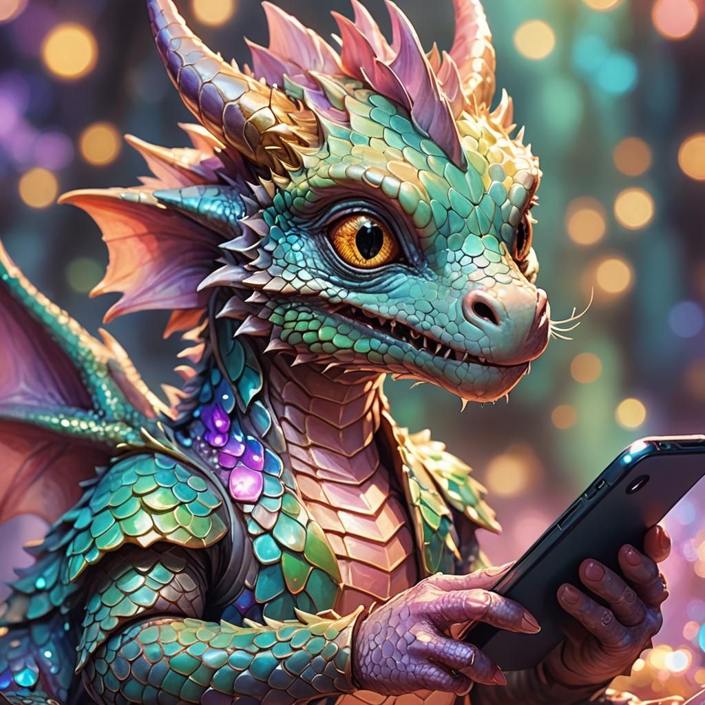 Baby Dragon Texting: A Whimsical Fantasy Illustration