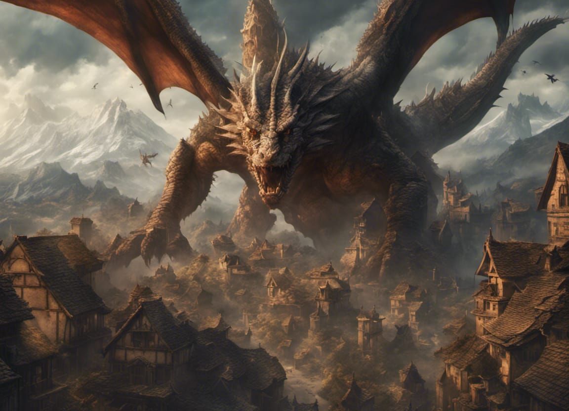 Giant Dragon Destroys Village: Epic Digital Painting
