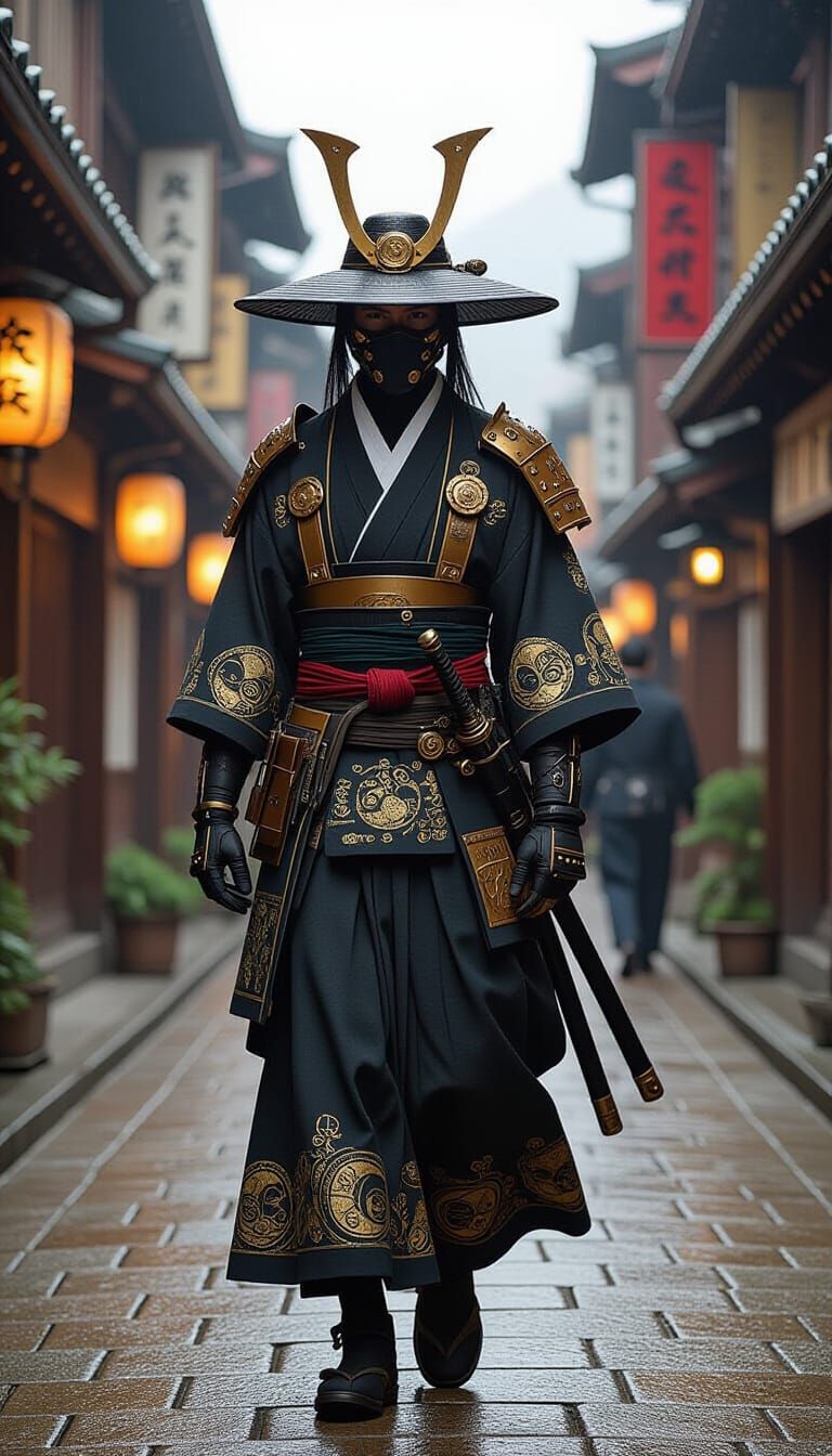 Steampunk Samurai in Golden Kyoto Street