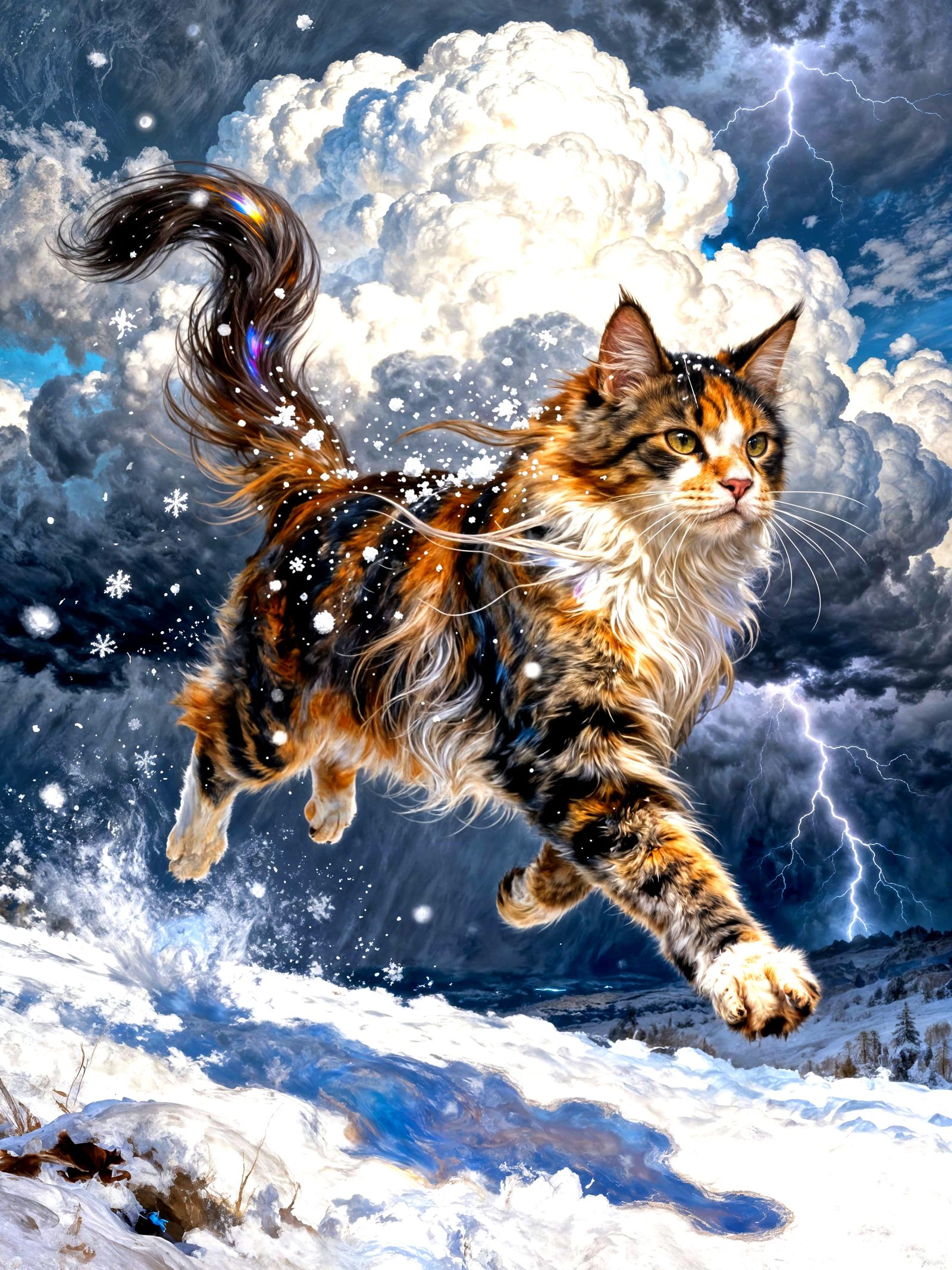 Calico Maine Coon Cat Leaping from Storm Cloud