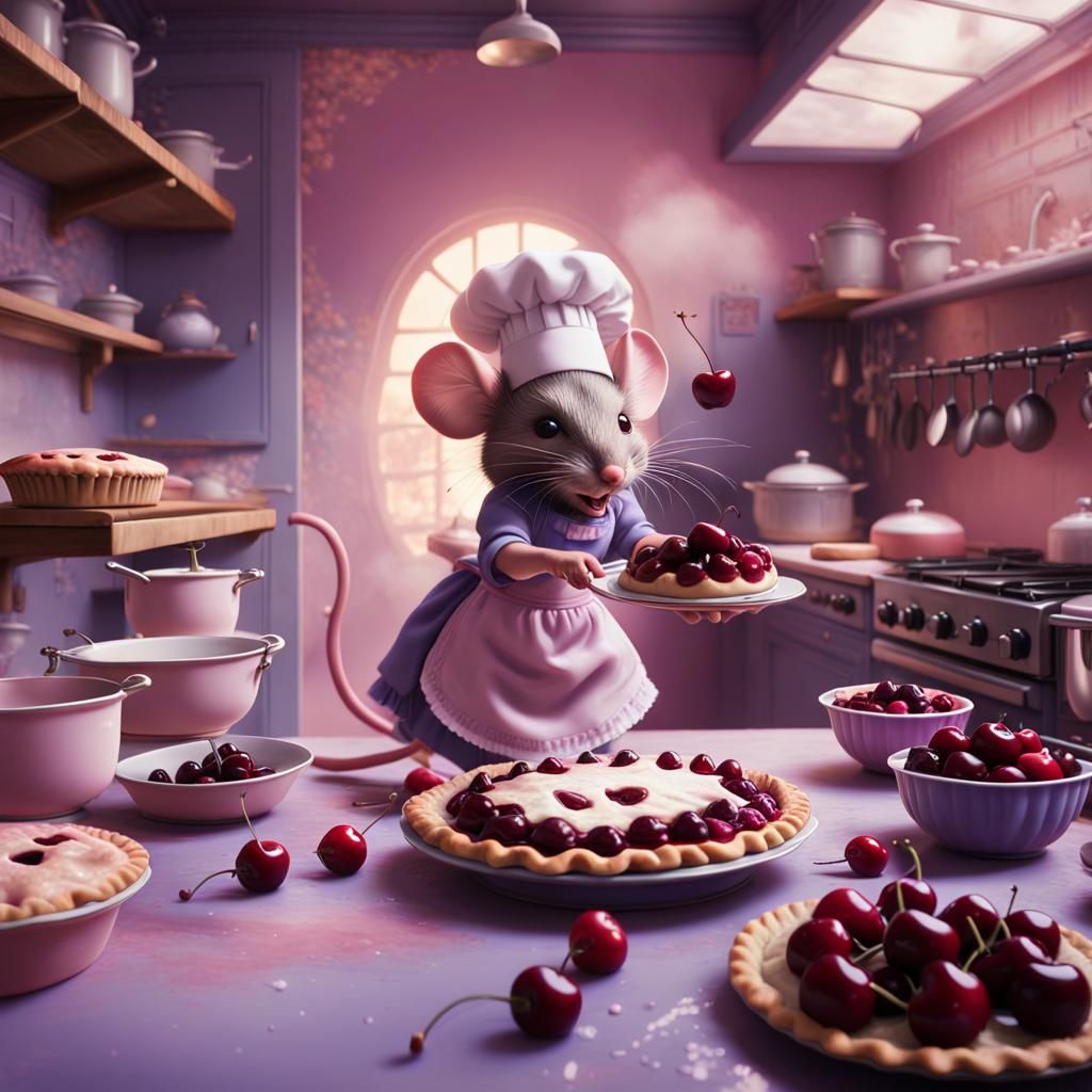 Mouse Chef Baking Cherry Pies in Pastel Hues