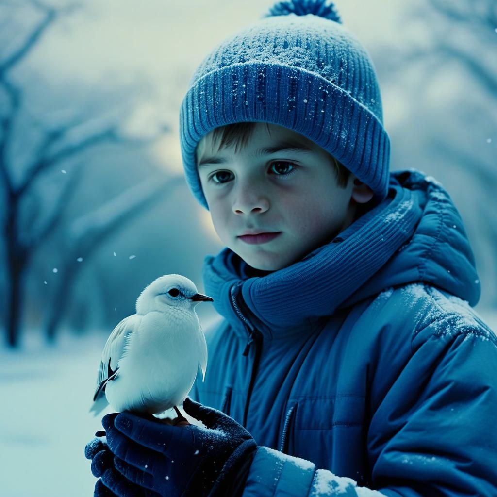 Cinematic Boy Holds White Bird in Snowy Landscape with Soft...