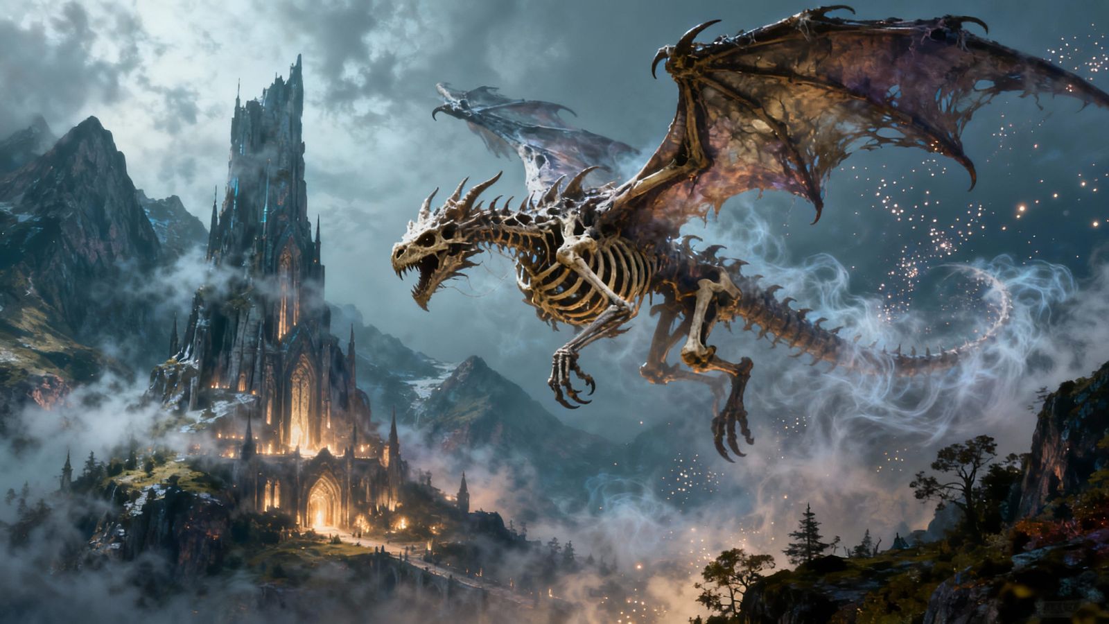 Dracolich Soars Over Lonely Mountain in Epic Fantasy Art
