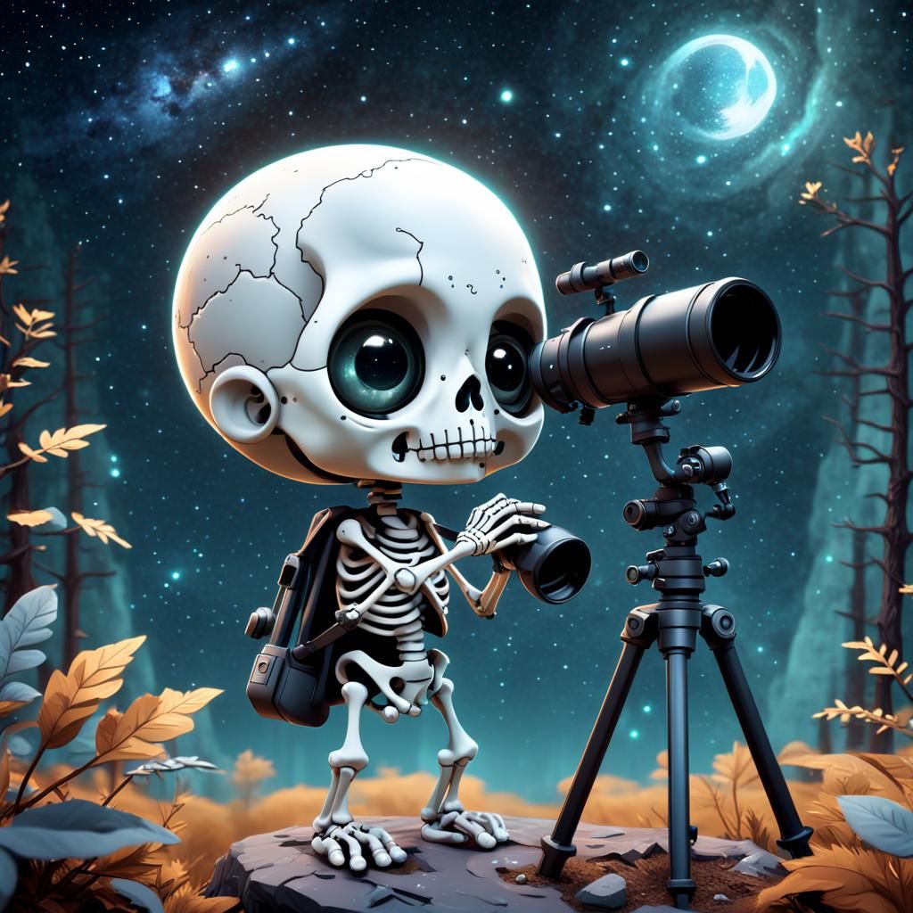Cute Chibi Skeleton Baby Astronomer Watching Galaxies