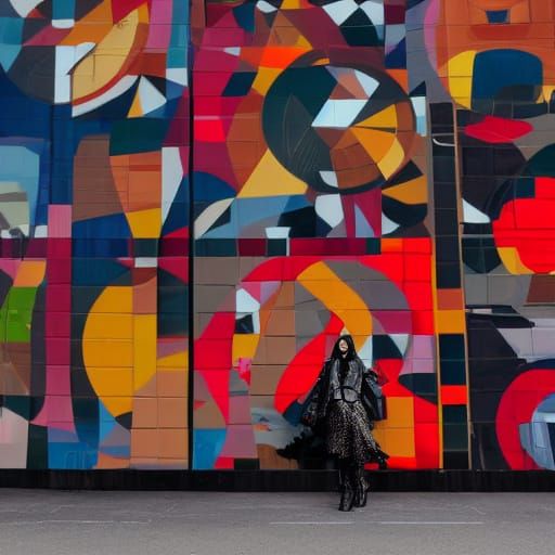 Gothic Model Posing Before Cubist Mural