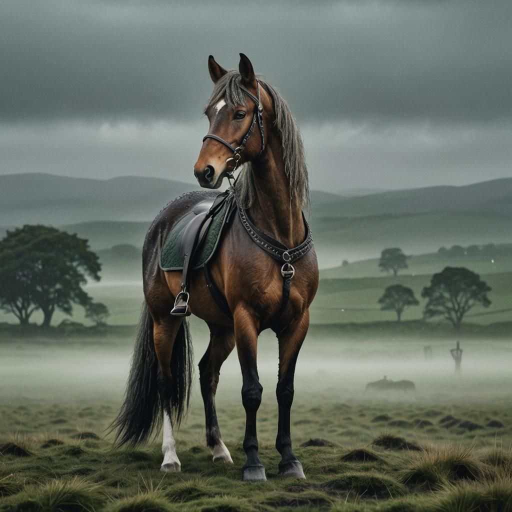 Elegant Fox-Colored Horse in Bleak Moor Landscape