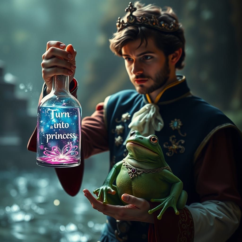 Prince Offers Magical Potion to Frog in Cinematic Fantasy