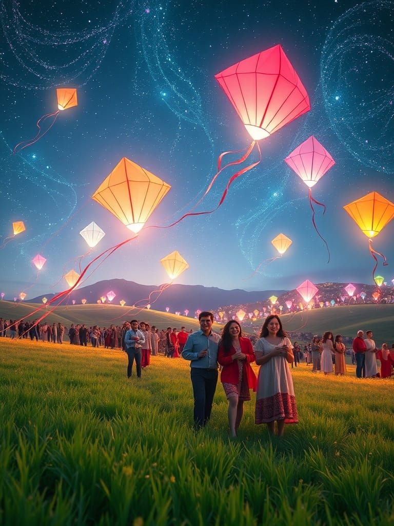 Neon Bioluminescent Kite Festival in a Vibrant Digital Lands...