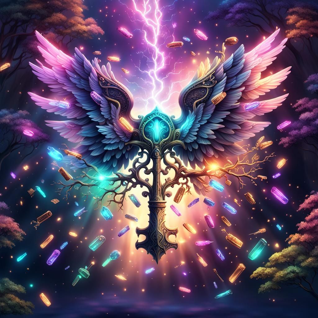 Magic Flying Keys and Tree in Neon Pastel