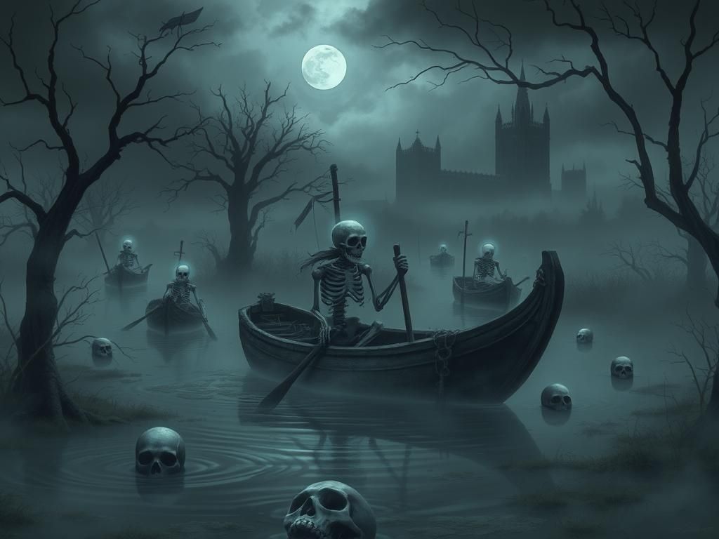 Eerie Skeletons Sail Through a Misty Marsh