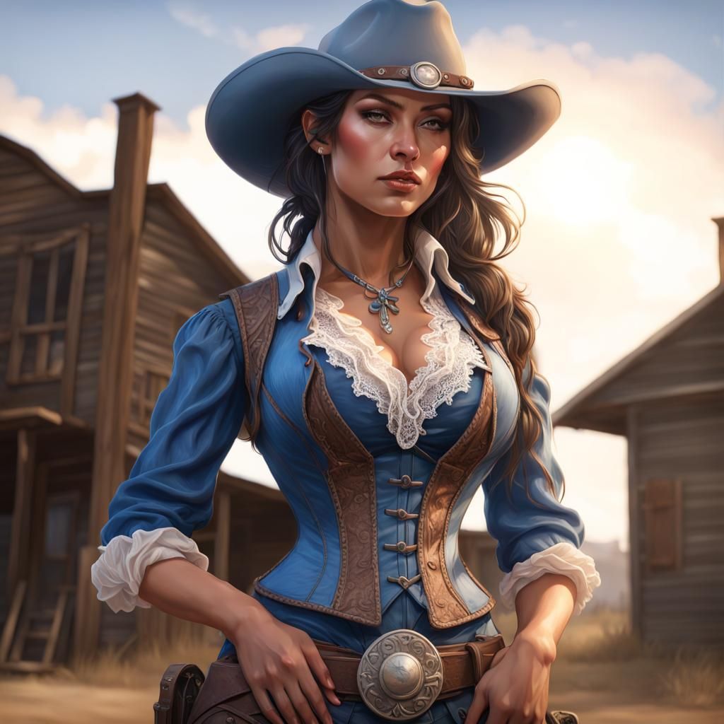 Cowgirl Portrait with Blue Hat in Detailed Digital Art