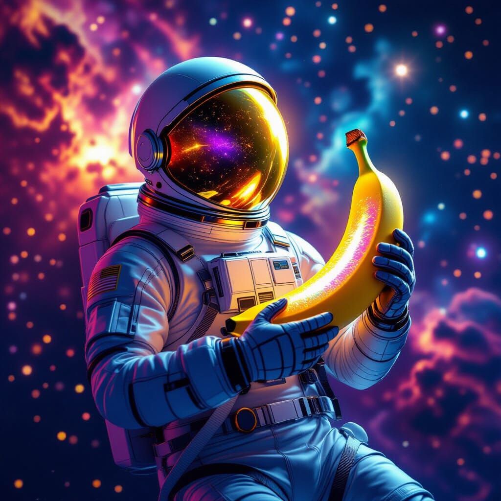 Astronaut Adrift with Iridescent Banana in Nebula