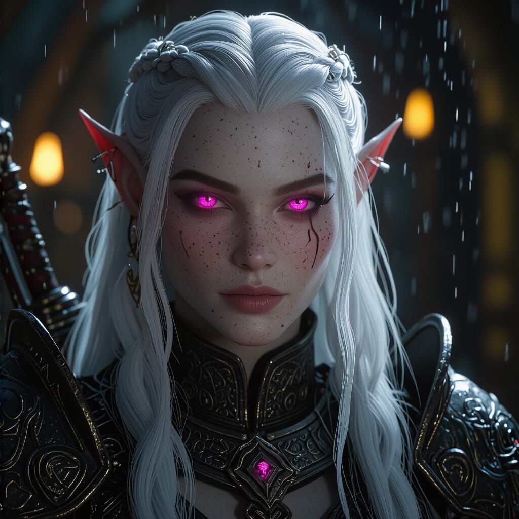 Half-Orc Giantess with Pink Eyes in Cinematic Film Still