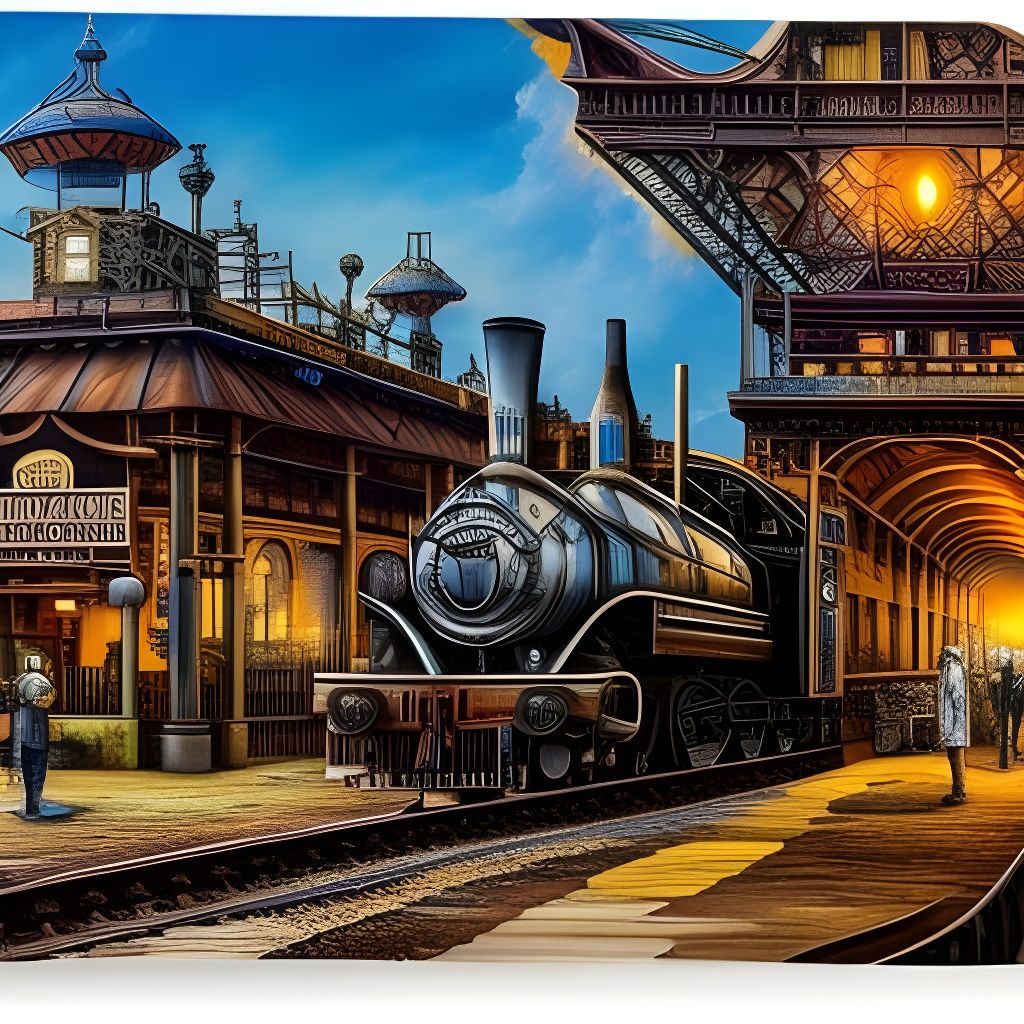 Steampunk Locomotive Arriving at Railway Station in Surreal ...