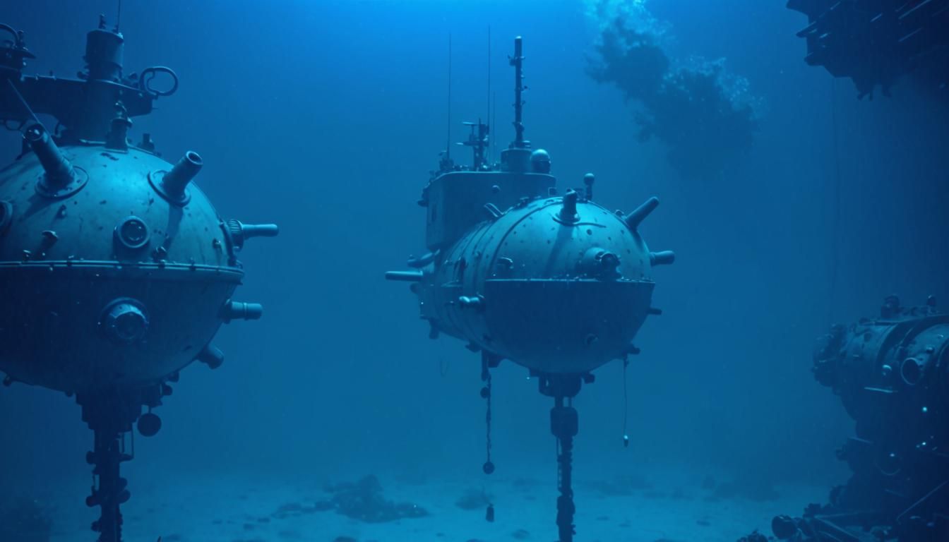 Submarine Navigating Underwater Minefield in Golden Hour