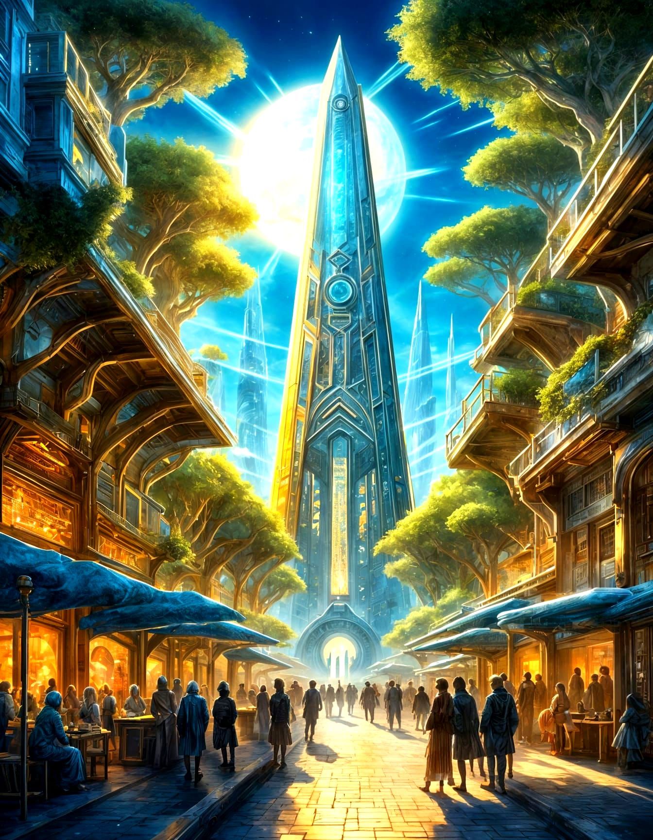 Utopian Cyberpunk Obelisk in Space Opera Style