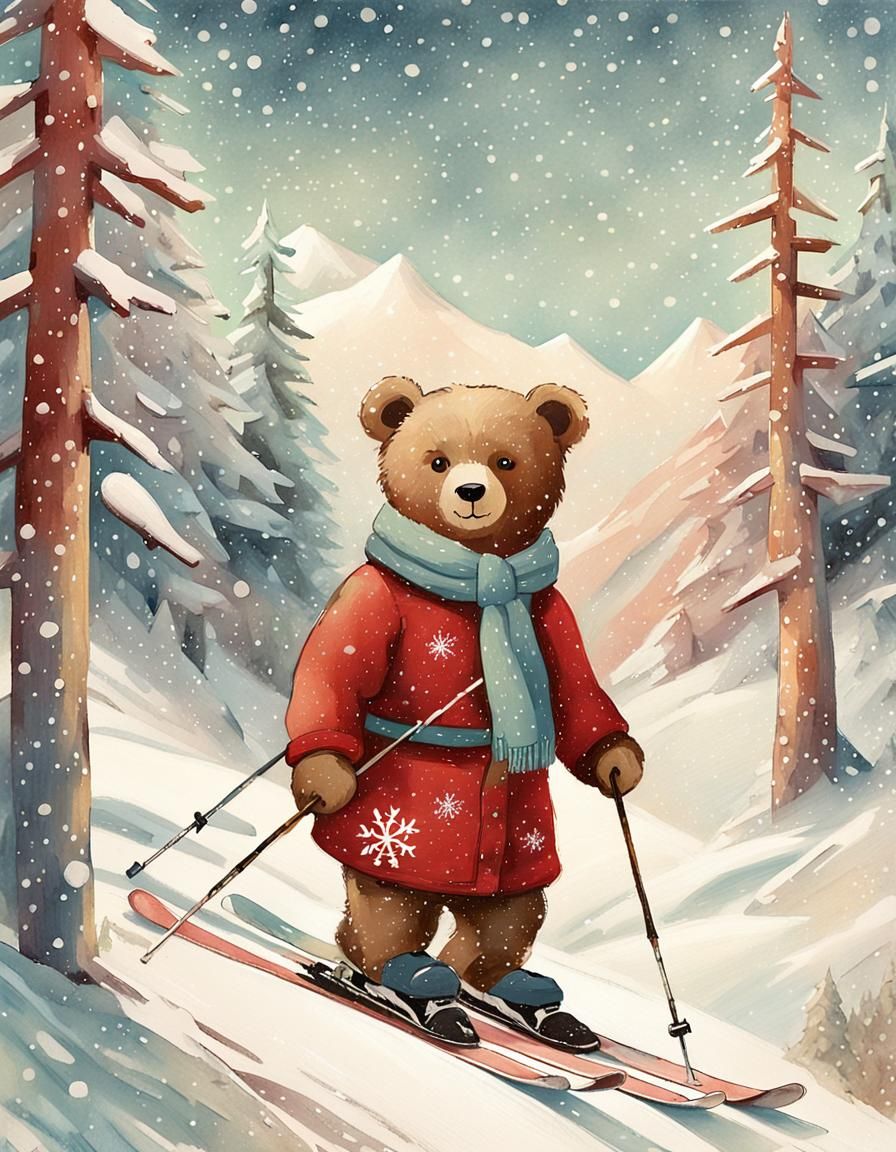 Teddy Bear Skier in Winter Wonderland