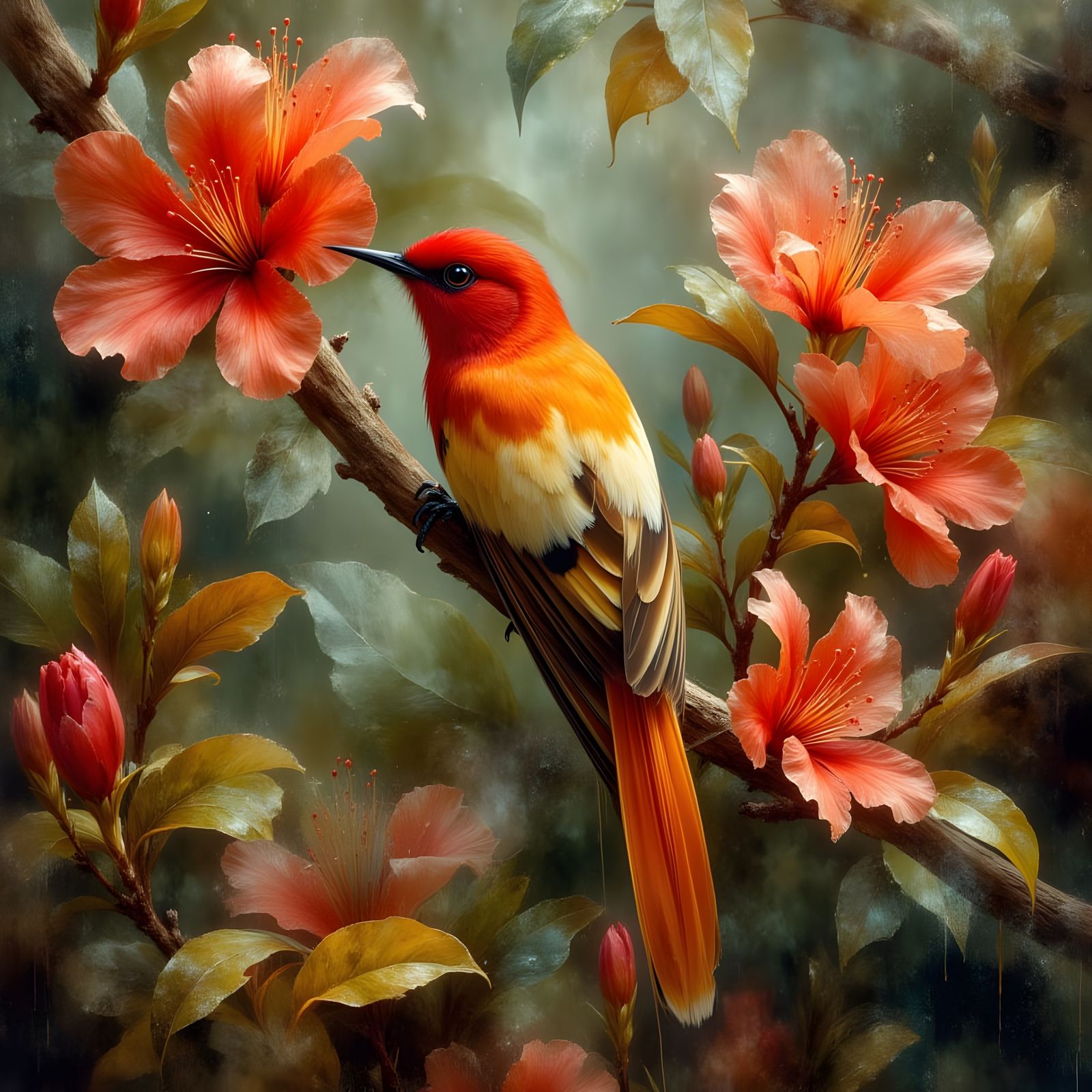 Scarlet Liocichla Among Red Royal Poinciana Flowers