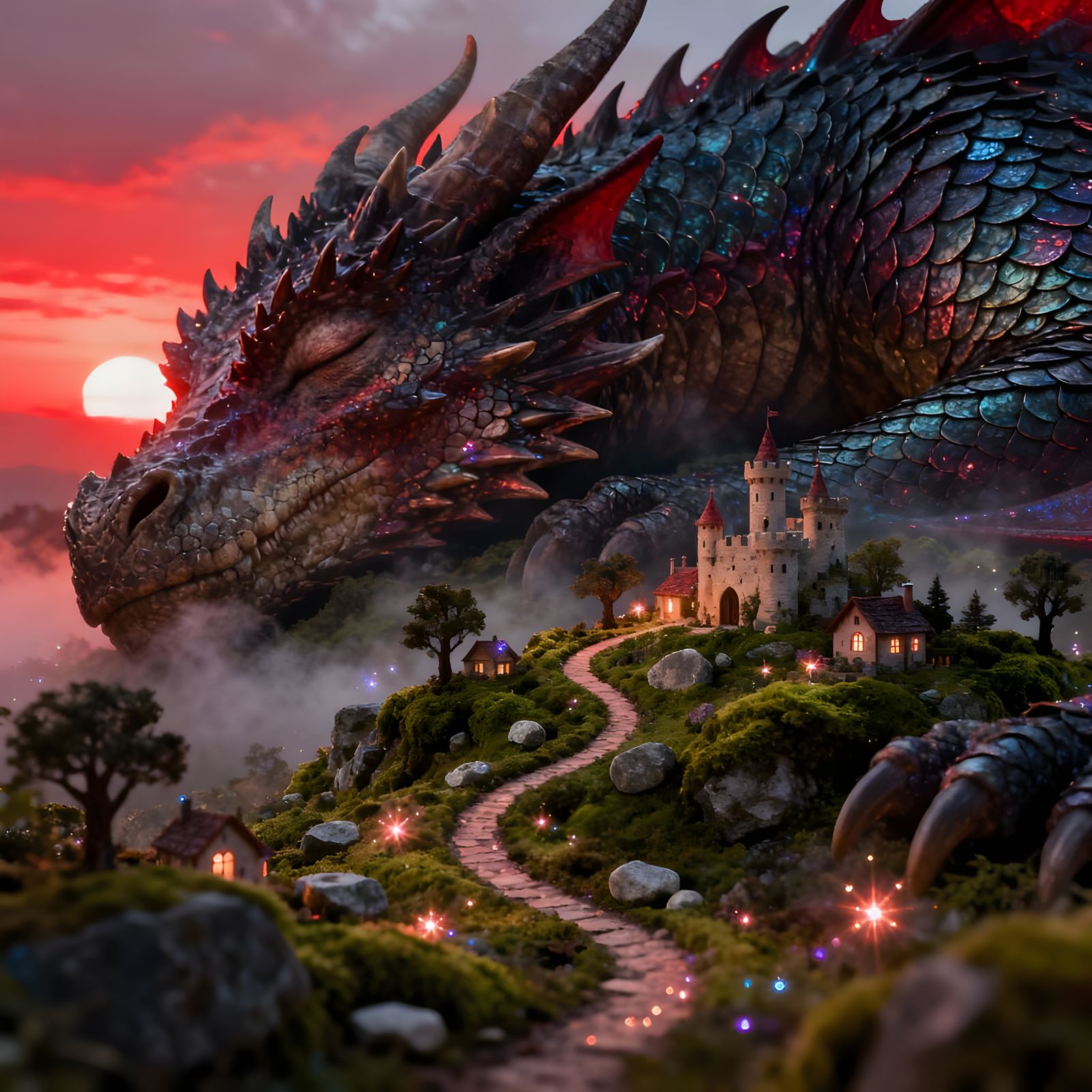 Ancient Dragon Carries Miniature World at Sunset