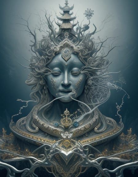 Surreal Lapis Lazuli Pagoda With Heart-Face Statue