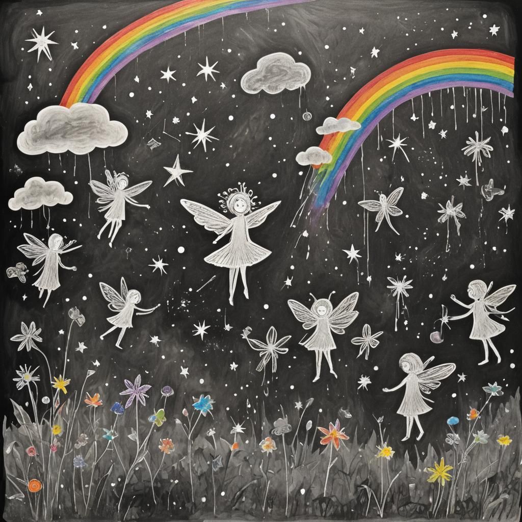 Fairies Play in Starry Night: Surreal Crayon Drawing