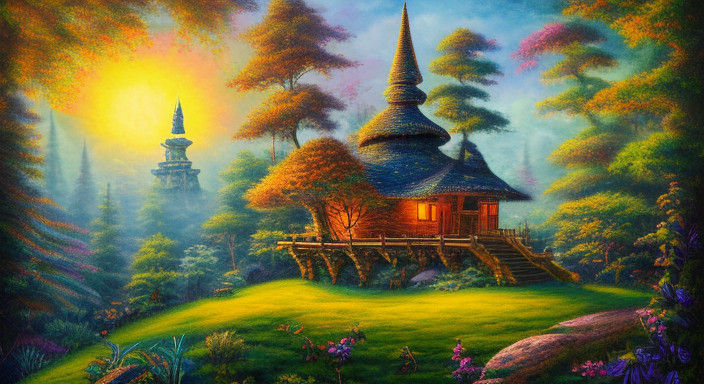 Whimsical Treehouse Fantasy in Vibrant Oil Painting Style