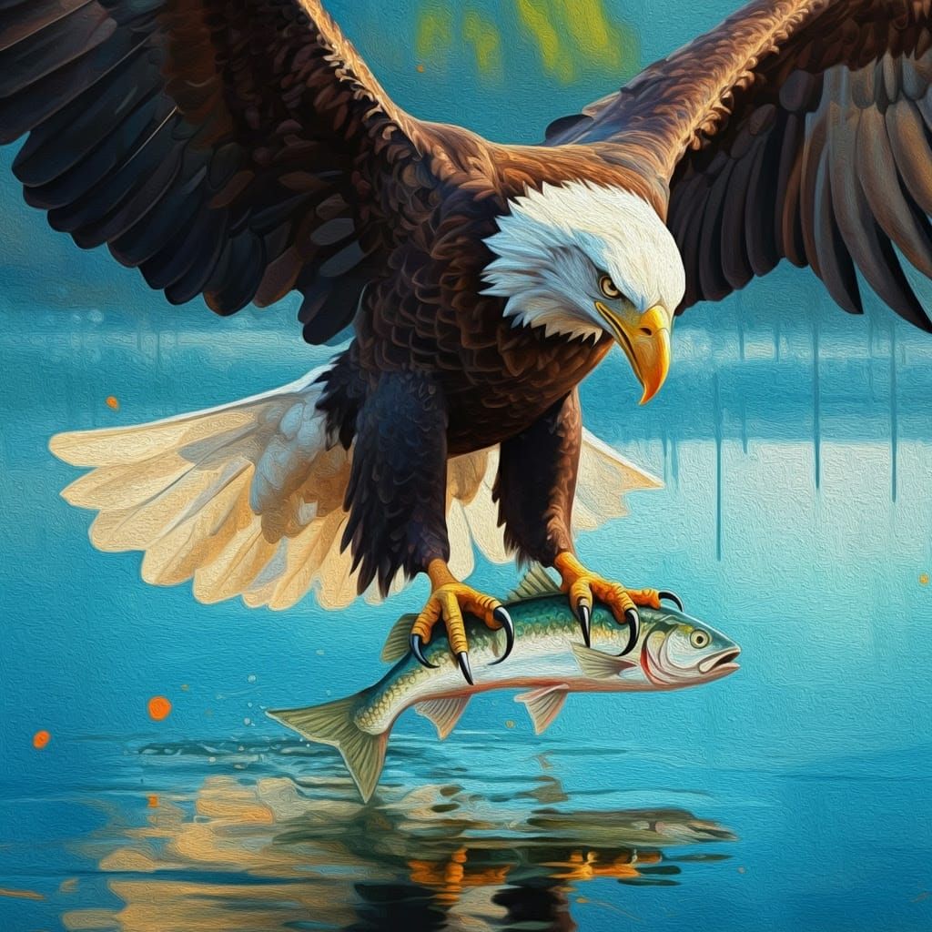 Expressive oil on canvas. Close-up medium shot. A bald eagle swoops down on a fish with its talons in mid-air above a se...