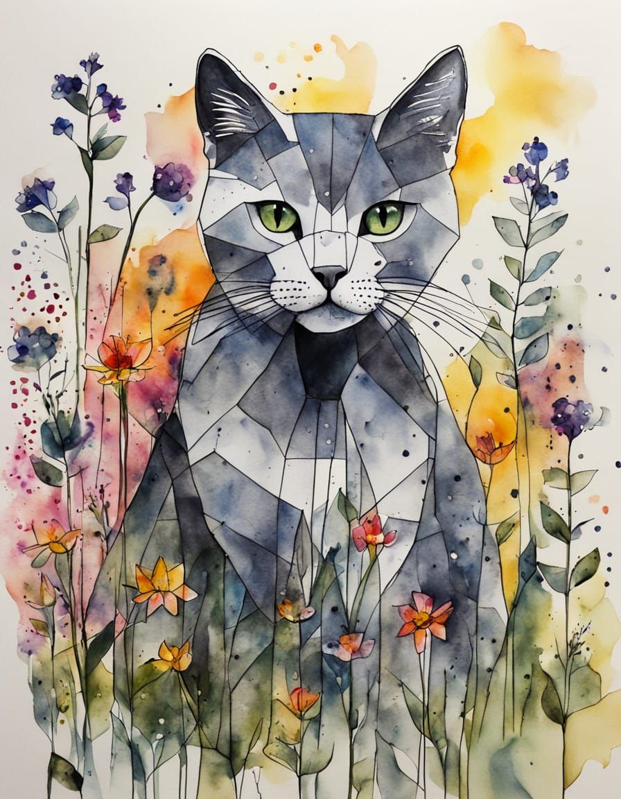 Whimsical Grey Cat Amidst Vibrant Wildflowers