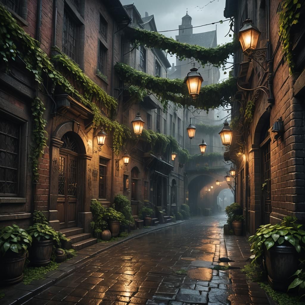 Rainy European Alleyway with Lanterns: Detailed Matte Painti...