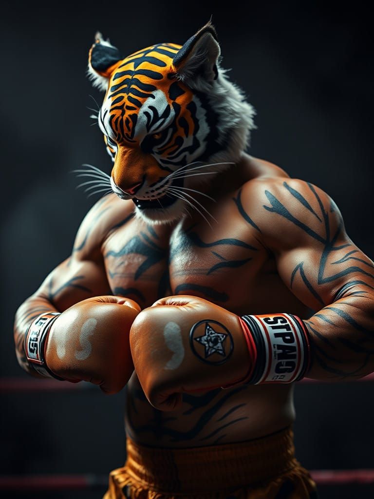 Muscular Boxer Transformed into Tiger through Vibrant Body P...