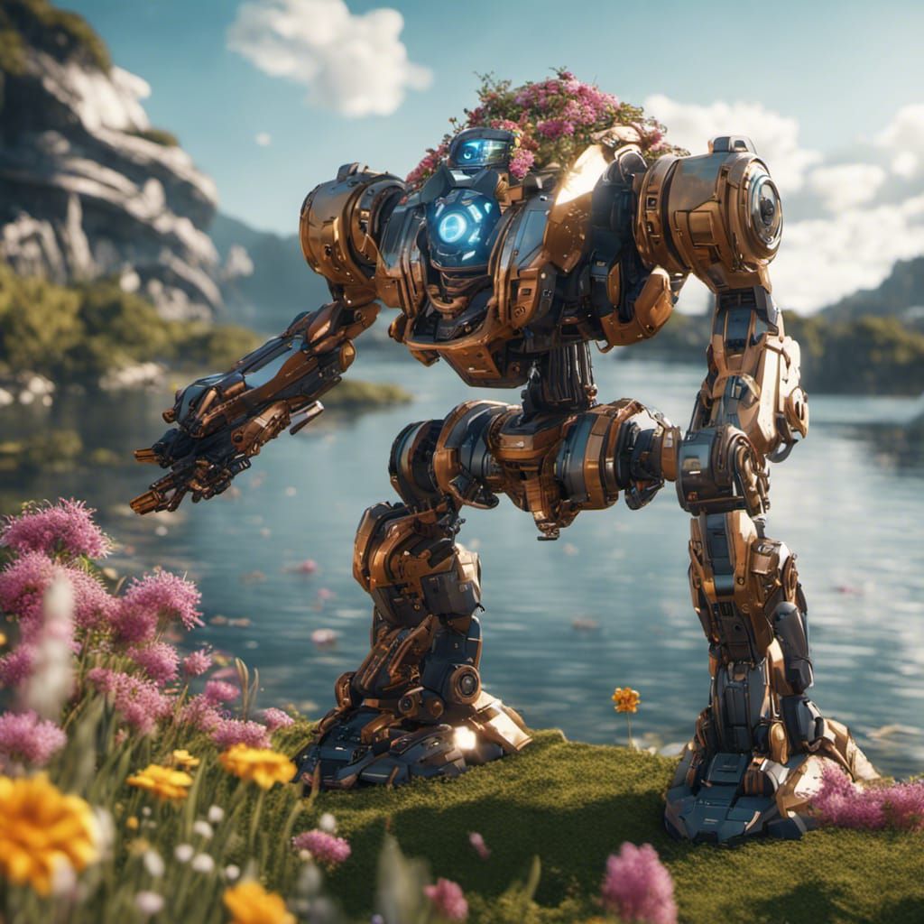 Mech Warrior Bot's Flower Garden: Sci-Fi Art