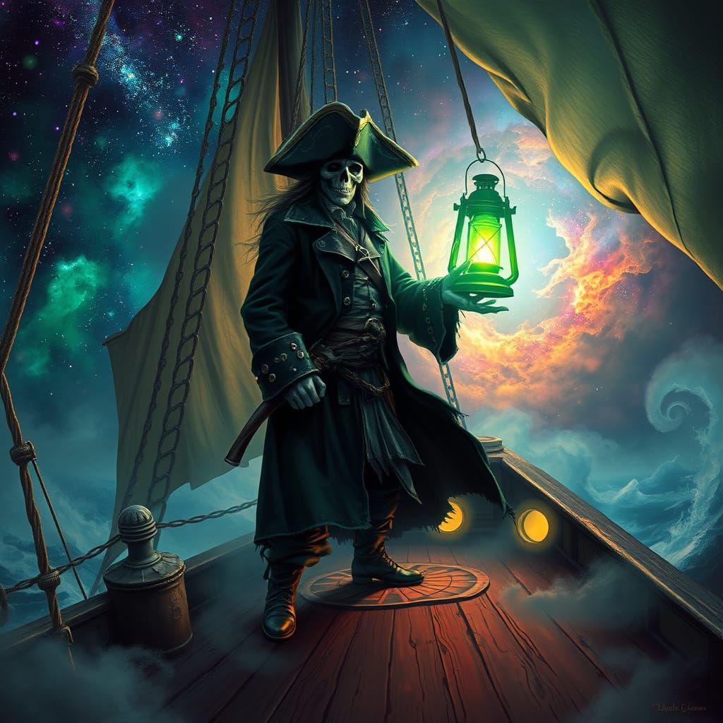 Spectral Pirate Captain on Ghost Ship in Nebula