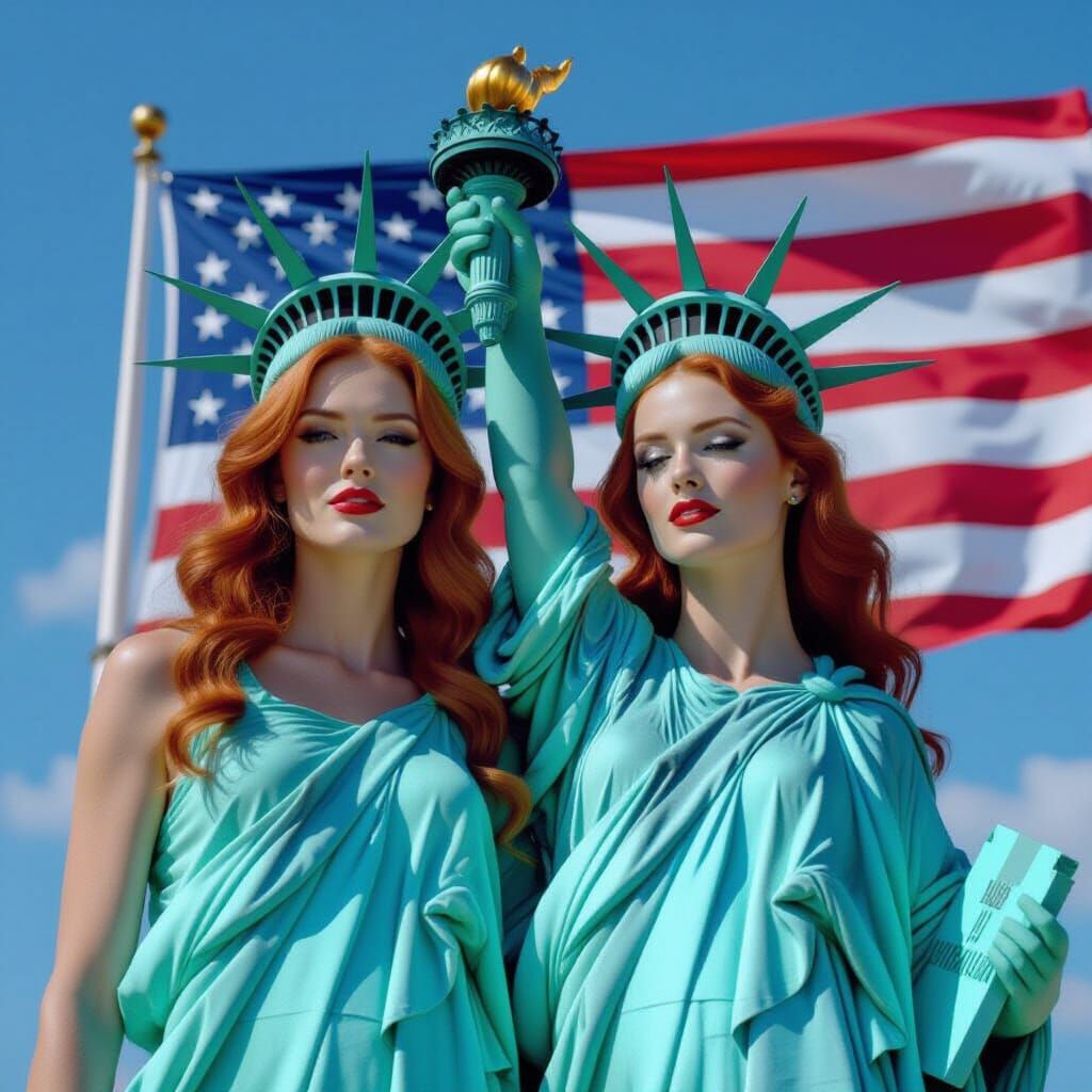 Statue of Liberty Pin-Ups Against Star-Spangled Sky