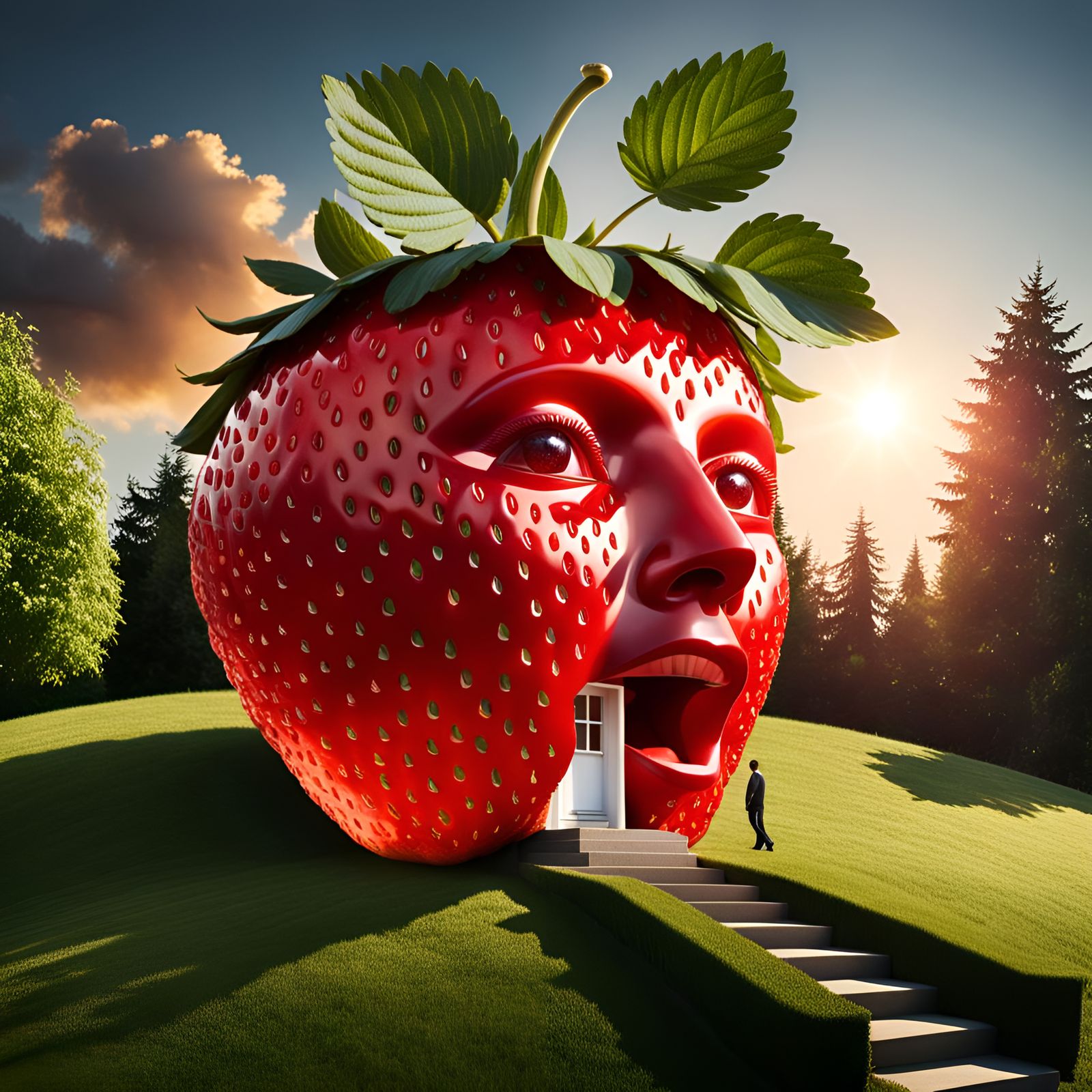 Surreal Strawberry House with Human Face