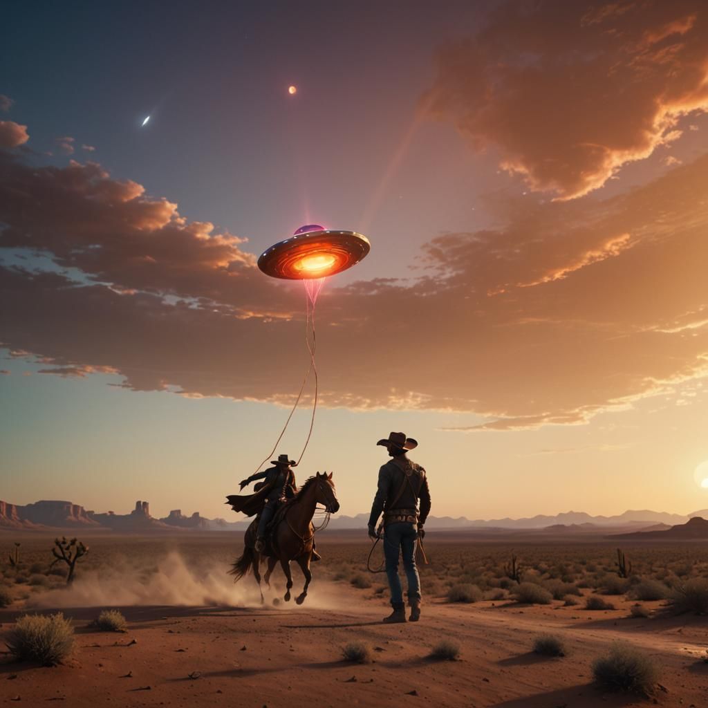 Cowboy Lassos Flying Saucer in Neon Desert