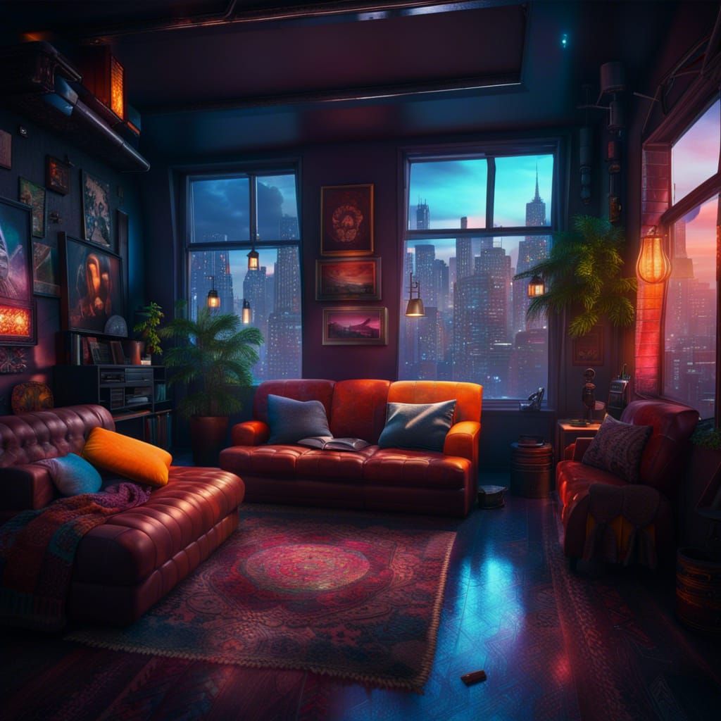 Cozy Living Room Overlooking Cyberpunk City