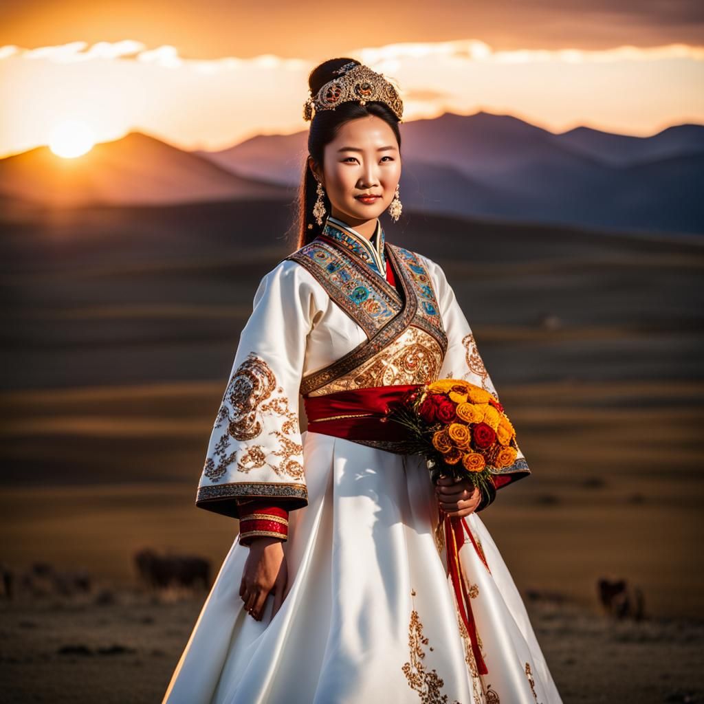 Radiant Mongolian Bride in Traditional Dress at Sunset