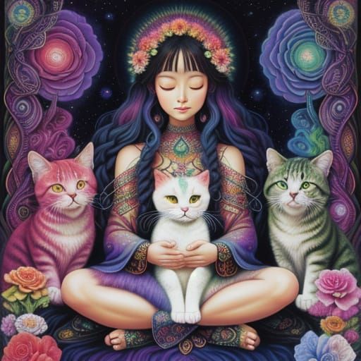 Whimsical Feline Meditation in Vibrant Cosmic Art