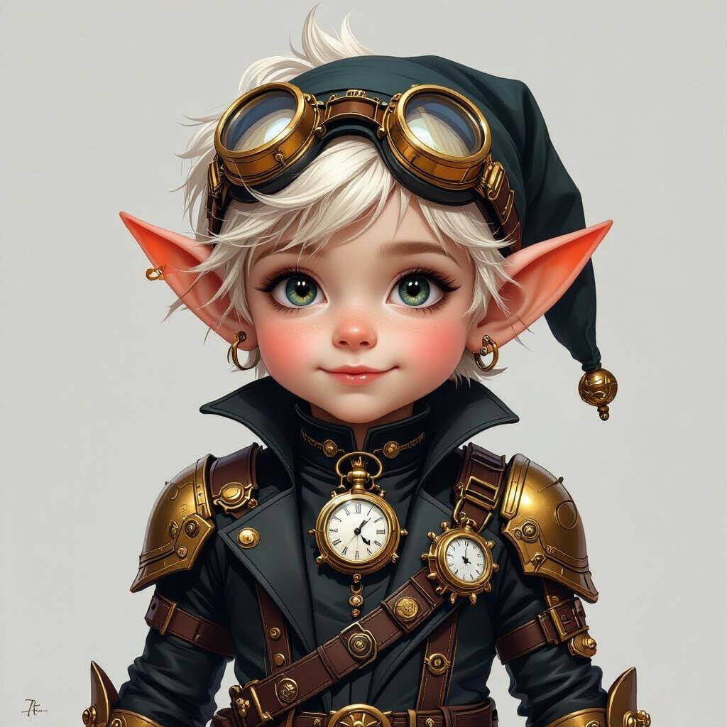 Steampunk Elf Adorned with Intricate Brass and Gold Accents