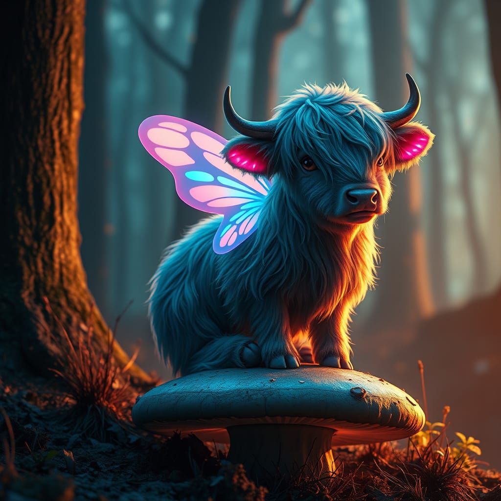 Winged Highland Cow on Mushroom, Neon Cyberpunk Art