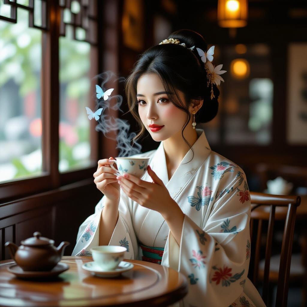 Butterfly Yaoguai Sipping Tea in Teahouse