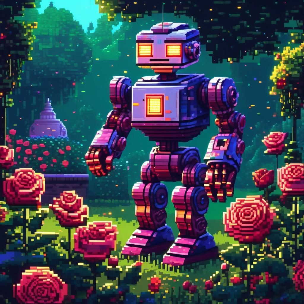 8-Bit Pixel Art Robot in Garden at Night