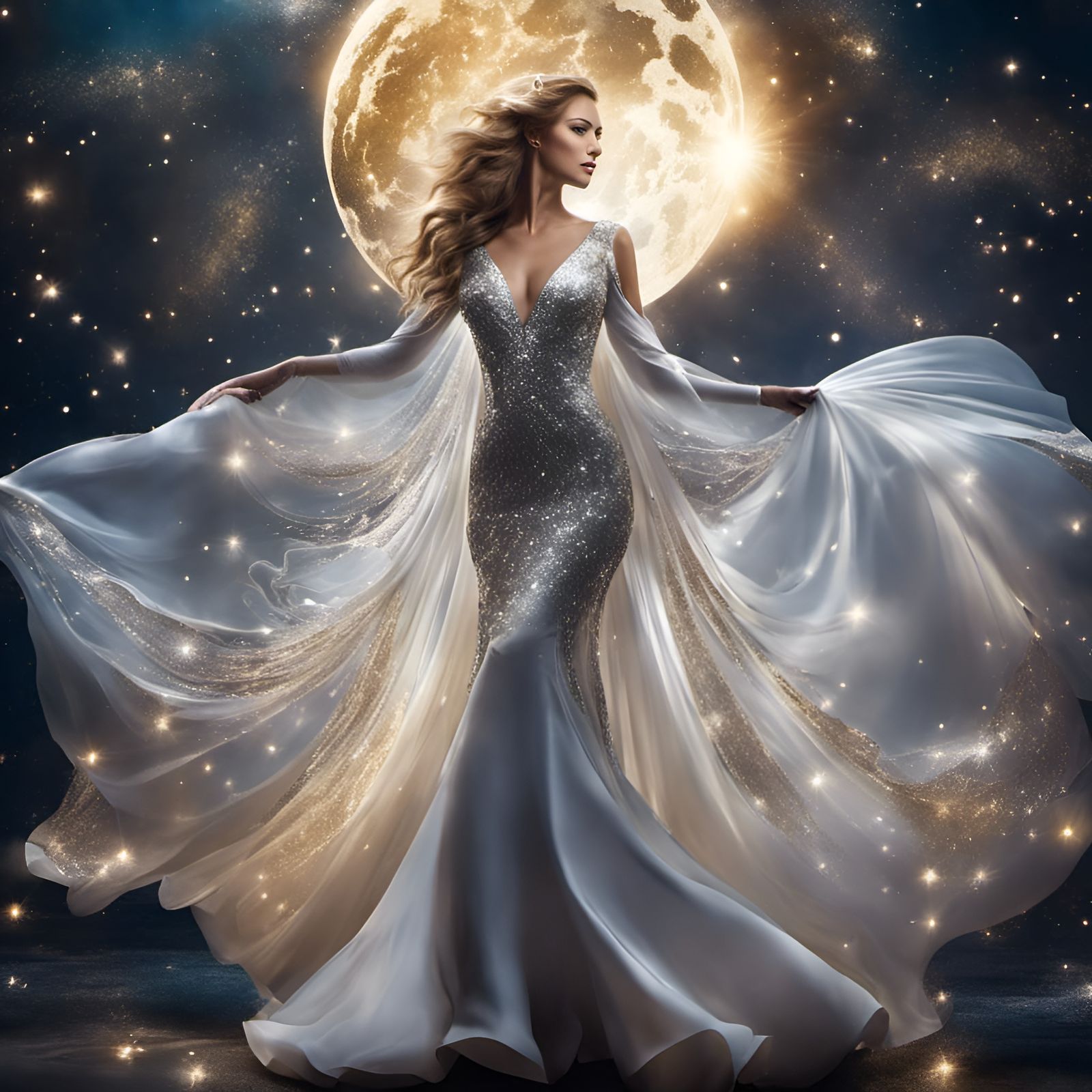 Ethereal Woman in Glittering Gown: Digital Art