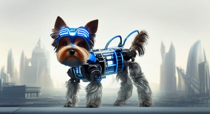 Biewer Terrier Robot Concept Art with Sci-Fi Cityscape