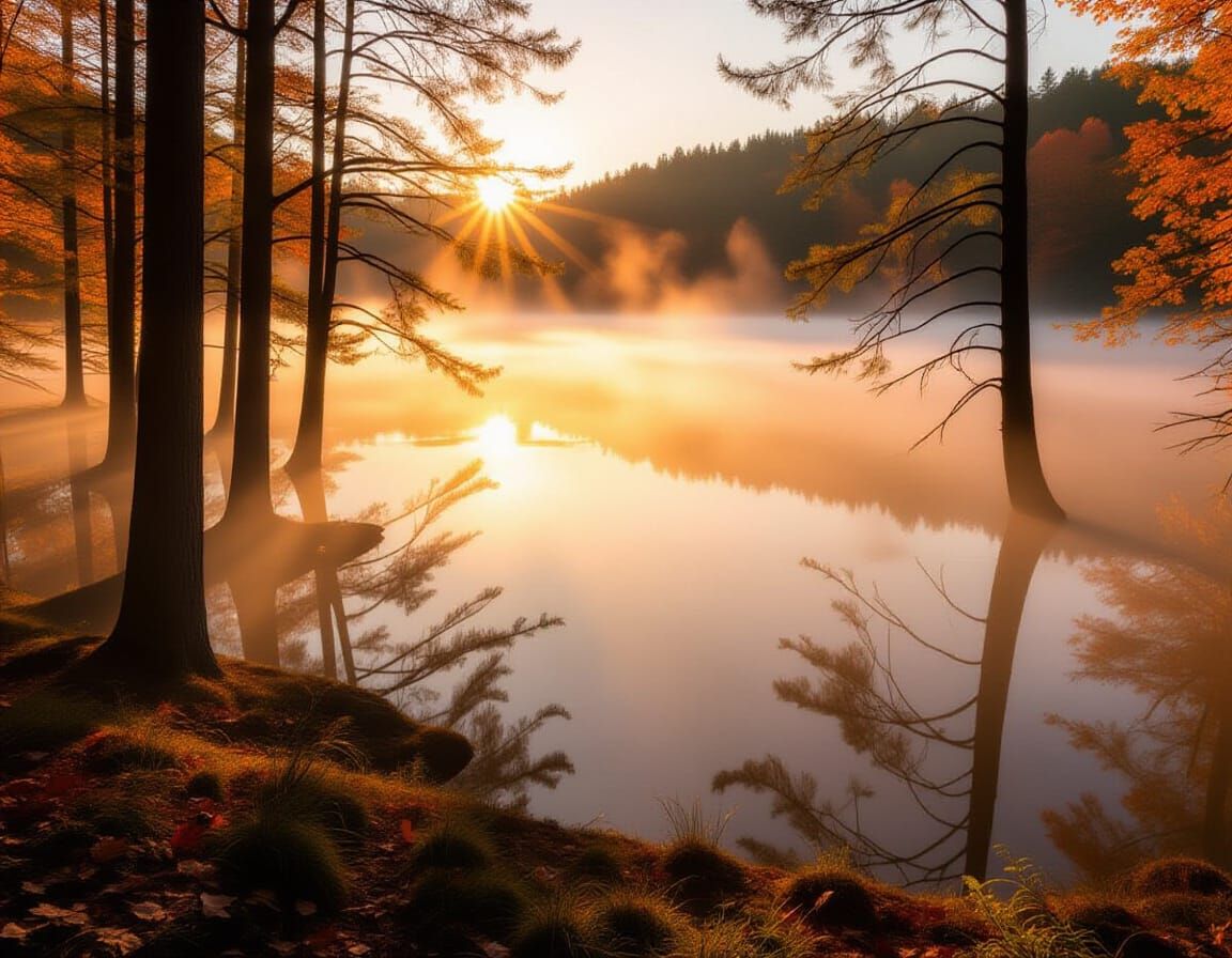 Autumn Sunrise Fog Over Submerged Trees in Infinity Valley