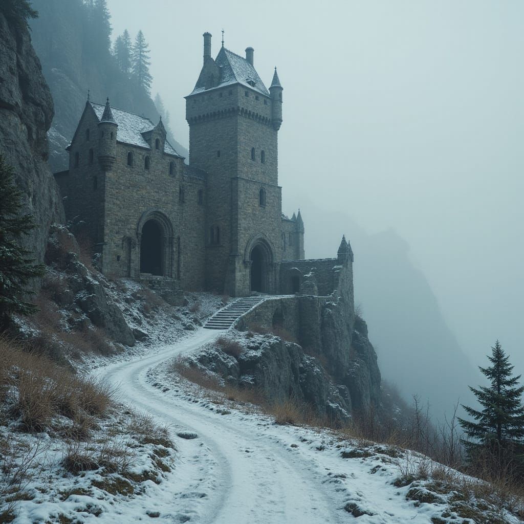 Snowy Ruined Castle Landscape Painting